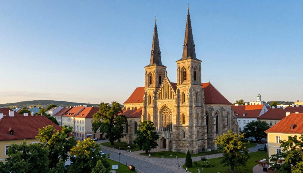 A scenic view of the "Kościół świętego Jakuba" in Sandomierz, capturing its stunning Gothic architecture and intricate stone details in the foreground. The church stands majestically with its tall spires and arched windows, surrounded by lush greenery and cobblestone streets. In the middle ground, include charming old buildings with red roofs and the atmospheric glow of warm sunlight filtering through the trees, creating a peaceful ambiance. In the background, soft hills under a clear blue sky add depth to the scene. The composition features a slightly elevated angle to showcase the full grandeur of the church, emphasizing its historical significance while evoking a sense of tranquility and timeless beauty. The overall mood is serene and inviting, perfect for an exploration of history and culture.