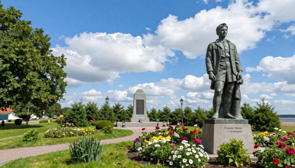 A scenic view of the "Pomniki Morsa i Lotników" in Mielno, Poland, prominently featuring the detailed statues of the Morsa surrounded by lush greenery and vibrant flowers in the foreground. In the middle ground, include the elegant memorial for the aviators, adorned with plaques and surrounded by softly lit lanterns. The background showcases a clear blue sky with fluffy white clouds, hinting at a bright, sunny day. Use a wide-angle lens to capture the statues in their entirety with a slight upward angle, emphasizing their grandeur. The atmosphere should feel serene and reflective, inviting viewers to appreciate the historical significance of these monuments in a picturesque coastal setting. A scenic view of the "Pomniki Morsa i Lotników" in Mielno, Poland, prominently featuring the detailed statues of the Morsa surrounded by lush greenery and vibrant flowers in the foreground. In the middle ground, include the elegant memorial for the aviators, adorned with plaques and surrounded by softly lit lanterns. The background showcases a clear blue sky with fluffy white clouds, hinting at a bright, sunny day. Use a wide-angle lens to capture the statues in their entirety with a slight upward angle, emphasizing their grandeur. The atmosphere should feel serene and reflective, inviting viewers to appreciate the historical significance of these monuments in a picturesque coastal setting.