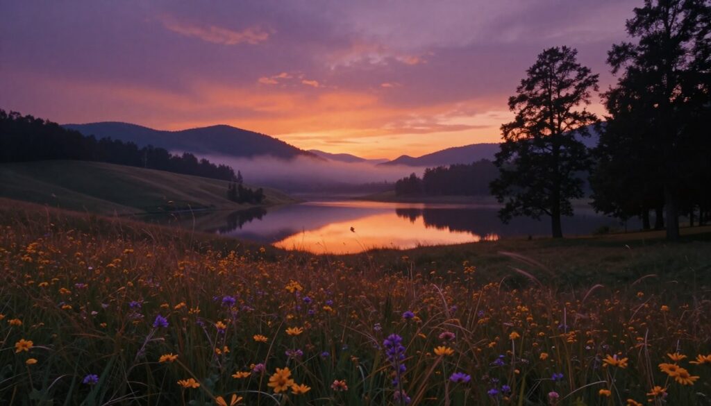 A serene and evocative landscape that embodies symbolism and mood, featuring a tranquil lake surrounded by soft, rolling hills. In the foreground, a cluster of delicate wildflowers in warm hues of gold and purple sways gently in the breeze. The middle ground reveals the lake reflecting a majestic sunset, with vibrant oranges and deep purples casting a dreamlike quality. Tall, shadowy trees frame the scene, their silhouettes contrasting against the colorful sky. In the background, distant mountains rise under a veil of soft mist, enhancing the sense of depth and mystery. The lighting is soft and warm, creating an inviting atmosphere. Capture this scene using a wide-angle lens to emphasize the expansive beauty and emotional resonance of the landscape, evoking feelings of nostalgia and contemplation.