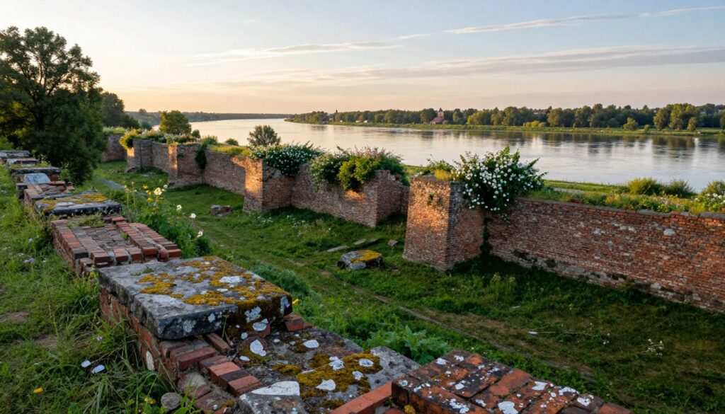 A serene and historic scene showcasing the remnants of ancient defensive walls in Płock, with weathered stones and lush greenery intertwined. In the foreground, moss-covered stones and crumbled bricks lie scattered, suggesting the passage of time. The middle ground features the walls rising gently, partially engulfed by flowering vines and wildflowers, hinting at nature's resilience. In the background, the majestic Vistula River glimmers under the soft golden light of a late afternoon sun, casting reflections on the calm water. The sky is clear, with wispy clouds, evoking a sense of tranquility. The atmosphere is peaceful and contemplative, inviting viewers to imagine the history that once unfolded here. Use a slightly elevated angle to capture the layers of the landscape, creating depth and perspective. A serene and historic scene showcasing the remnants of ancient defensive walls in Płock, with weathered stones and lush greenery intertwined. In the foreground, moss-covered stones and crumbled bricks lie scattered, suggesting the passage of time. The middle ground features the walls rising gently, partially engulfed by flowering vines and wildflowers, hinting at nature's resilience. In the background, the majestic Vistula River glimmers under the soft golden light of a late afternoon sun, casting reflections on the calm water. The sky is clear, with wispy clouds, evoking a sense of tranquility. The atmosphere is peaceful and contemplative, inviting viewers to imagine the history that once unfolded here. Use a slightly elevated angle to capture the layers of the landscape, creating depth and perspective.