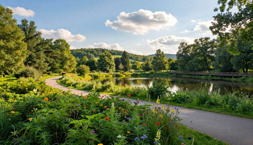 A serene and lush landscape of Ekopark Wschodni in Kołobrzeg, featuring diverse flora and fauna. In the foreground, vibrant green bushes peppered with colorful wildflowers, and a calm path winding through. The middle ground showcases a tranquil lagoon reflecting the surrounding trees, while a wooden walkway invites exploration. In the background, gentle hills covered in dense forest create a picturesque skyline under a bright blue sky with fluffy white clouds. The lighting is warm and inviting, suggesting early morning or late afternoon, casting soft shadows. The atmosphere is peaceful and rejuvenating, ideal for nature lovers seeking connection with the environment.