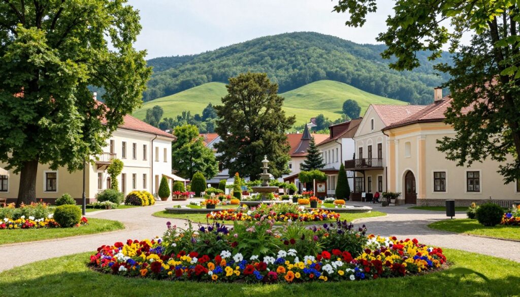 A serene and picturesque view of Szczawno-Zdrój, highlighting its lush greenery and charming architecture. In the foreground, vibrant flower beds bloom in colorful abundance, surrounded by gracefully manicured gardens. The middle ground features elegant spa buildings with classic design elements, nestled among tall trees. Soft, diffused sunlight filters through the leaves, casting gentle shadows on the pathways. In the background, rolling green hills rise majestically, evoking a tranquil atmosphere. The scene captures the essence of a health resort town, inviting visitors to explore its natural beauty. The overall mood is peaceful and rejuvenating, perfect for showcasing the restorative climate of Szczawno-Zdrój.