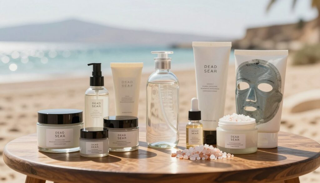 A serene arrangement of Dead Sea cosmetics in elegant packaging, showcasing a variety of products such as creams, scrubs, and mud masks. The foreground features a carefully organized display of beautifully labeled jars and tubes on a polished wooden table, with natural light softly illuminating the scene. In the middle ground, there's a crystal clear bottle of mineral-rich water, surrounded by delicate sea salt crystals glimmering in the light. The background features soft-focus elements of the arid Dead Sea landscape, with distant mountains and a hint of the shimmering water. The overall mood is tranquil and inviting, with a sense of luxury and natural beauty, capturing the essence of Middle Eastern skincare.