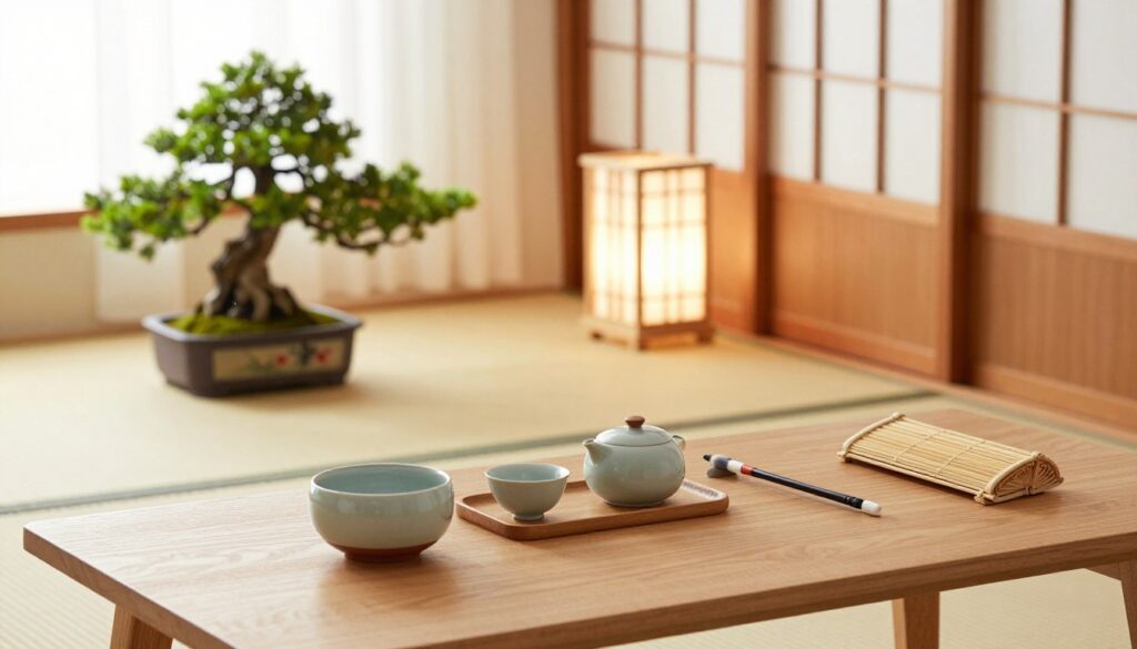 A serene, beautifully arranged home and office space showcasing unique Japanese accessories. In the foreground, a minimalist wooden desk adorned with a handcrafted ceramic tea set, a delicate ink brush, and a stylish bamboo notepad holder. The middle layer features a cozy seating area with tatami mats and a vibrant bonsai tree in a decorative pot, alongside a stylish lantern casting gentle light. In the background, traditional shoji screens frame the scene, allowing soft, diffused natural light to filter in, enhancing the tranquil atmosphere. The color palette includes calming earthy tones with hints of vibrant green and subtle red accents. Aim for a clean, modern aesthetic that reflects quality craftsmanship and Japanese culture. Include a soft focus effect to evoke a peaceful and inviting mood. A serene, beautifully arranged home and office space showcasing unique Japanese accessories. In the foreground, a minimalist wooden desk adorned with a handcrafted ceramic tea set, a delicate ink brush, and a stylish bamboo notepad holder. The middle layer features a cozy seating area with tatami mats and a vibrant bonsai tree in a decorative pot, alongside a stylish lantern casting gentle light. In the background, traditional shoji screens frame the scene, allowing soft, diffused natural light to filter in, enhancing the tranquil atmosphere. The color palette includes calming earthy tones with hints of vibrant green and subtle red accents. Aim for a clean, modern aesthetic that reflects quality craftsmanship and Japanese culture. Include a soft focus effect to evoke a peaceful and inviting mood.