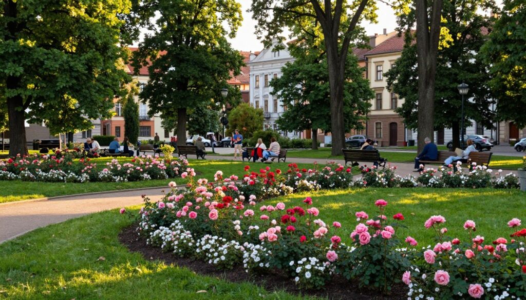 A serene city park in Kalisz, showcasing lush greenery and vibrant flower beds, set in the heart of the city. In the foreground, a winding path bordered by blooming roses leads the viewer deeper into the park. Dotting the scene are trees with thick canopies casting dappled sunlight on the grass. In the middle ground, benches invite visitors to relax, while clusters of people in modest casual clothing enjoy the tranquil environment. The background features historic buildings peeking through the foliage, symbolizing the city’s rich heritage. Soft, golden hour lighting bathes the entire scene, creating a warm and inviting atmosphere. Capture this scene from a slightly elevated angle to encompass both the natural beauty and the architectural hints of Kalisz's history.
