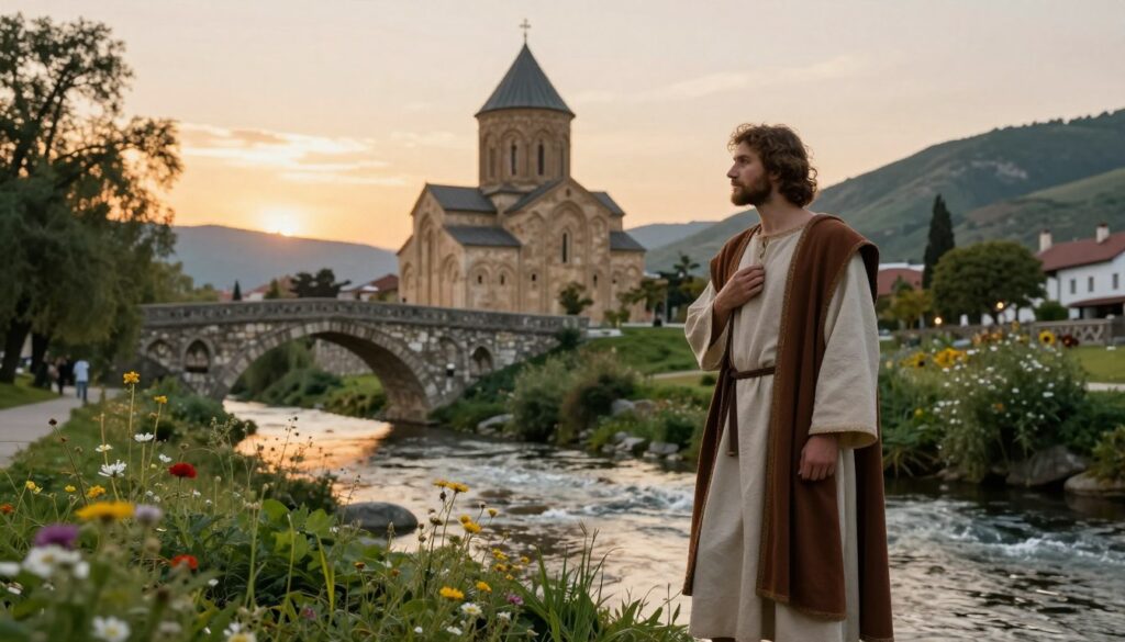 A serene depiction of John the Baptist (Jana Chrzciciela) standing beside a gently flowing river, adorned in modest, traditional robes that reflect a blend of historical and cultural influences. In the foreground, lush greenery surrounds him, with wildflowers adding vibrant color. In the middle, an archway of stone reflecting Gothic architectural styles leads to a beautifully crafted ancient church, symbolizing the city's multicultural heritage. The background features soft hills under a warm golden sunset, casting a tranquil glow over the scene. Soft, diffused lighting creates a peaceful atmosphere, while the camera angle captures an inviting perspective on the sacred architecture and nature. Aim for a harmonious blend of spirituality and history, emphasizing the resilient beauty of the place.