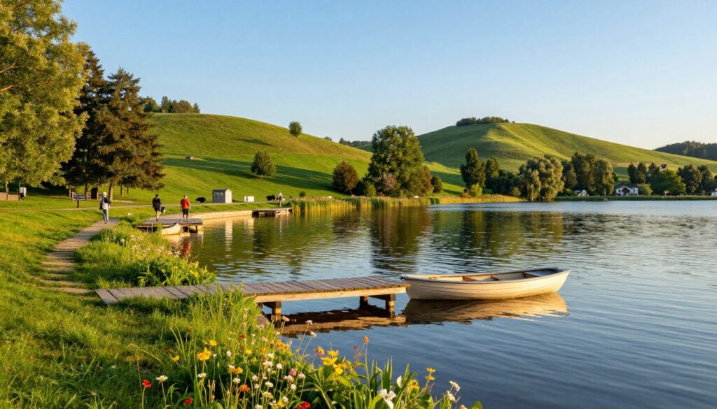 A serene lake scene near Mrągowo, showcasing the tranquil beauty of Mazurian waters. In the foreground, a wooden pier extends into the clear lake, adorned with a small rowboat gently bobbing on the water. To the left, a lush green meadow dotted with colorful wildflowers invites peaceful relaxation. The middle ground features a charming lakeside promenade where a few individuals in modest casual clothing stroll leisurely, enjoying the surroundings. In the background, soft, rolling hills rise, cloaked in rich greenery and interspersed with clusters of trees under a bright blue sky. The lighting is warm and golden, suggesting late afternoon, casting gentle reflections on the water's surface, conveying a tranquil and inviting atmosphere. A serene lake scene near Mrągowo, showcasing the tranquil beauty of Mazurian waters. In the foreground, a wooden pier extends into the clear lake, adorned with a small rowboat gently bobbing on the water. To the left, a lush green meadow dotted with colorful wildflowers invites peaceful relaxation. The middle ground features a charming lakeside promenade where a few individuals in modest casual clothing stroll leisurely, enjoying the surroundings. In the background, soft, rolling hills rise, cloaked in rich greenery and interspersed with clusters of trees under a bright blue sky. The lighting is warm and golden, suggesting late afternoon, casting gentle reflections on the water's surface, conveying a tranquil and inviting atmosphere.