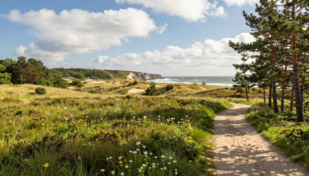 A serene landscape depicting Park Narodowy Thy in Denmark, showcasing the untamed beauty of Jutland's nature. In the foreground, vibrant green heaths dotted with wildflowers stretch across the scene, while a winding sandy trail leads into the park. The middle ground features gently rolling dunes, interspersed with patches of pine trees swaying in the breeze. The background reveals a stunning coastal view, with waves crashing against rugged cliffs under a brilliant blue sky filled with fluffy white clouds. Soft, warm sunlight filters through the trees, creating dappled patterns on the ground and enhancing the tranquil atmosphere. Capture this scene with a wide-angle lens to emphasize the expansive landscape, evoking a sense of peace and connection to nature. A serene landscape depicting Park Narodowy Thy in Denmark, showcasing the untamed beauty of Jutland's nature. In the foreground, vibrant green heaths dotted with wildflowers stretch across the scene, while a winding sandy trail leads into the park. The middle ground features gently rolling dunes, interspersed with patches of pine trees swaying in the breeze. The background reveals a stunning coastal view, with waves crashing against rugged cliffs under a brilliant blue sky filled with fluffy white clouds. Soft, warm sunlight filters through the trees, creating dappled patterns on the ground and enhancing the tranquil atmosphere. Capture this scene with a wide-angle lens to emphasize the expansive landscape, evoking a sense of peace and connection to nature.