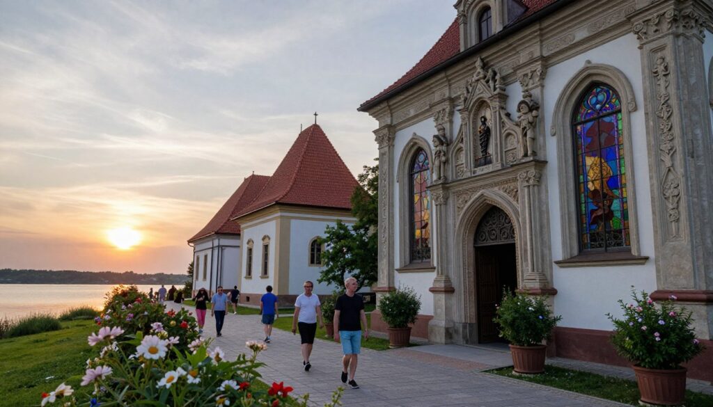 A serene landscape depicting the historic temples of Mrągowo, with an emphasis on their multicultural architectural styles. In the foreground, delicate flowers and lush greenery frame the entrance to a beautifully ornate temple, showcasing unique carvings and stained glass windows that reflect cultural diversity. The middle ground captures a tranquil scene of people in modest casual attire walking along a stone pathway, admiring the temples. In the background, the sun sets over a calm lake, casting warm golden hues across the sky and gently illuminating the temples. Soft, diffused lighting enhances the peaceful atmosphere, inviting viewers to appreciate the rich history and beauty of Mrągowo’s sacred sites. Focus on a wide-angle perspective to capture the grandeur of the scene. A serene landscape depicting the historic temples of Mrągowo, with an emphasis on their multicultural architectural styles. In the foreground, delicate flowers and lush greenery frame the entrance to a beautifully ornate temple, showcasing unique carvings and stained glass windows that reflect cultural diversity. The middle ground captures a tranquil scene of people in modest casual attire walking along a stone pathway, admiring the temples. In the background, the sun sets over a calm lake, casting warm golden hues across the sky and gently illuminating the temples. Soft, diffused lighting enhances the peaceful atmosphere, inviting viewers to appreciate the rich history and beauty of Mrągowo’s sacred sites. Focus on a wide-angle perspective to capture the grandeur of the scene.