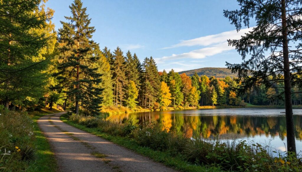 A serene landscape of Drawieński Park Narodowy, showcasing lush green forests with a tranquil lake reflecting the vibrant colors of autumn foliage. In the foreground, a winding path lined with wildflowers invites peaceful exploration, leading toward the lake. The middle ground features a dense thicket of tall pine trees, their branches gently swaying in the soft breeze, creating a sense of solitude. In the background, gentle hills rise against a clear blue sky, with wisps of white clouds drifting lazily. Soft, golden sunlight filters through the trees, casting dappled shadows on the ground, enhancing the calm and serene atmosphere of this hidden gem. This image captures the essence of a quiet getaway, perfect for a weekend in nature.