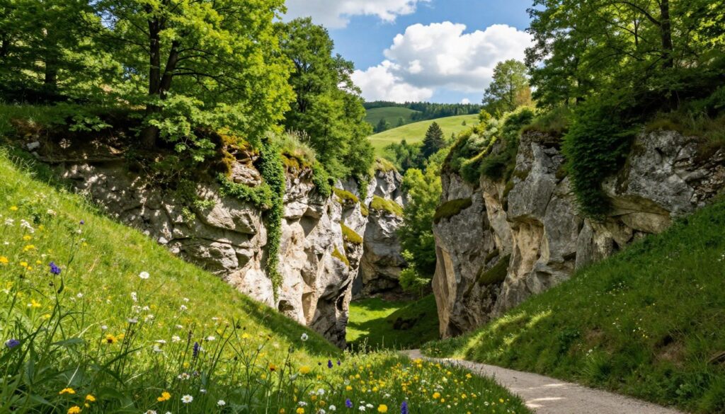 A serene landscape of Wąwóz Głowackiego, showcasing its distinctive deep, narrow gorge surrounded by lush greenery and gentle slopes. In the foreground, vibrant wildflowers bloom beside a winding path, inviting a tranquil stroll. The middle ground features the rugged, chalky walls of the gorge, intricately carved and adorned with patches of moss and climbing plants. Soft rays of sun filter through the canopy above, creating dappled light patterns on the ground. In the background, gently rolling hills extend into the distance under a bright blue sky with fluffy white clouds, evoking a sense of peace and natural beauty. The overall mood is serene and refreshing, capturing the essence of a pristine natural haven perfect for outdoor exploration.