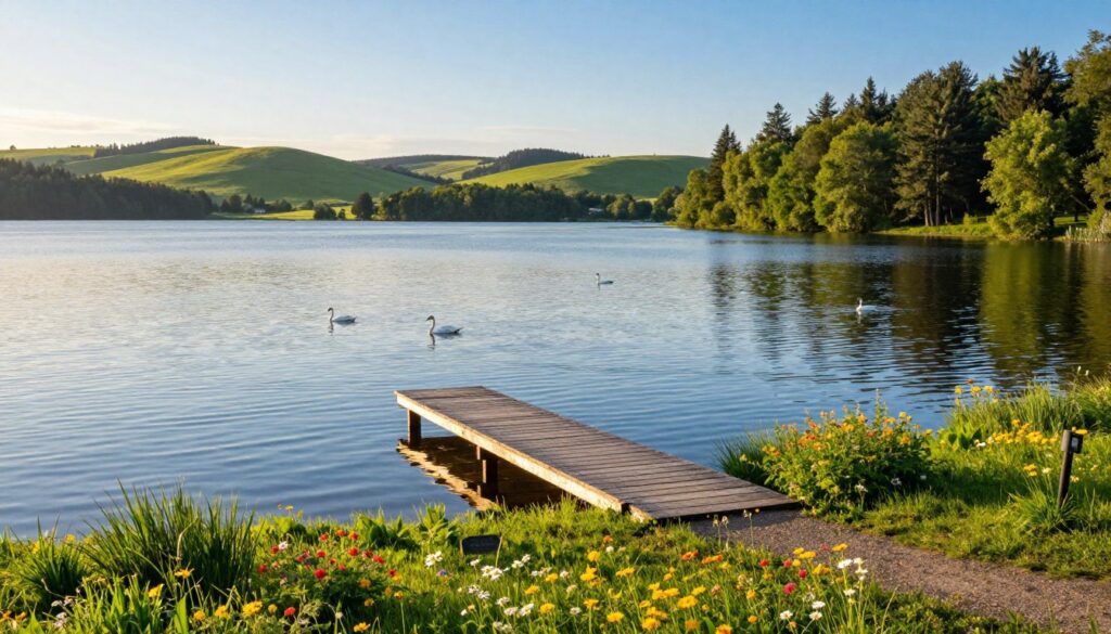 A serene landscape showcasing tranquil waterways and picturesque lakes, perfect for relaxation. In the foreground, a peaceful wooden dock extends over a shimmering lake, surrounded by lush green grass and vibrant wildflowers. The middle ground features gently rippling water reflecting the blue sky, dotted with a few swans gracefully gliding. In the background, soft rolling hills and dense forests frame the scene, bathed in warm, golden sunlight. The lighting creates a serene and inviting atmosphere, enhancing the colors of nature. Capture the scene at a slight elevation, as if viewed from a gentle slope, inviting the viewer into this idyllic getaway filled with tranquility and natural beauty.