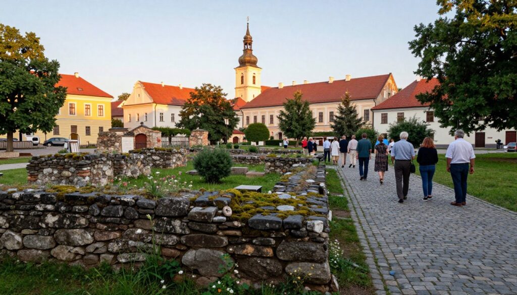A serene scene depicting Plac po Farze in Lublin, focusing on the historical foundation of the former temple. In the foreground, there are remnants of old stone walls, partially covered with moss and small wildflowers, showcasing the rich history. The middle ground features a cobblestone path lined with quaint greenery, leading to a gathering of people dressed in casual, modest clothing, admiring the site. In the background, the distinct architecture of Lublin rises, with a soft, golden light illuminating the buildings during the late afternoon. Capture the tranquil atmosphere with a wide-angle lens that emphasizes the depth of the scene, inviting viewers to explore the hidden gems of this historic area.