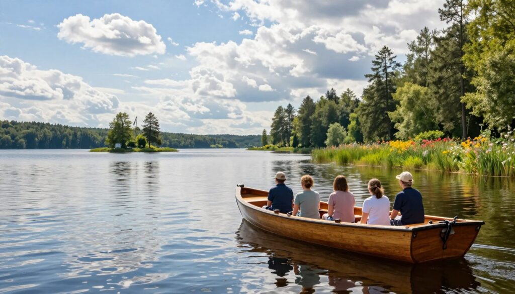 A serene scene of a boat cruise on the picturesque Mazurian lakes in Poland. In the foreground, a charming wooden boat with a small group of people enjoying the journey, dressed in casual clothing. In the middle ground, the shimmering lake reflects the blue sky, dotted with fluffy white clouds, while the passengers gaze at the surrounding lush green forests and quiet islands. The background features gentle hills, vibrant wildflowers along the shore, and soft sunlight filtering through the trees, creating a peaceful and inviting atmosphere. The image captures the essence of summer exploration and tranquility on the water, with a wide-angle lens focusing on the interaction between the boat and the breathtaking landscape.