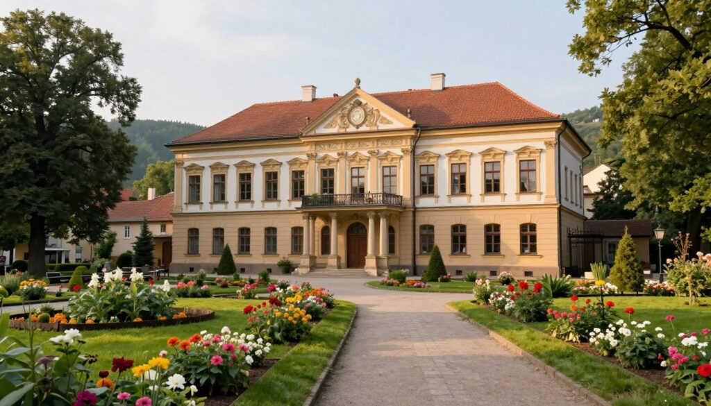 A serene scene of the Muzeum Bolesława Prusa in Nałęczów, showcasing its charming architecture amidst a lush garden. In the foreground, a well-maintained pathway lined with blooming flowers leads towards the museum's entrance, which features ornate details of classic architecture. The middle ground highlights the museum, a beautiful historic building with large windows and decorative elements that reflect its literary heritage. In the background, gentle hills covered in greenery create a tranquil atmosphere. The scene is bathed in soft, warm daylight, enhancing the inviting feel of this cultural landmark. Capture this moment from a slight elevation, giving a sense of depth and tranquility, suitable for leisurely exploration, evoking a sense of literary nostalgia.