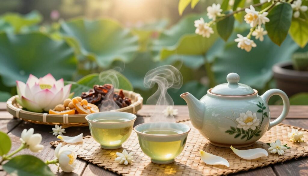 A serene scene showcasing a traditional Vietnamese tea setup featuring lotus and jasmine tea. In the foreground, a beautifully crafted ceramic teapot sits on a woven bamboo mat, surrounded by delicate jasmine flowers and gentle lotus petals. Steaming cups of tea reflect the soft morning light, enhancing the inviting colors of green and yellow in the brew. In the middle ground, a bamboo tray holds assorted traditional snacks like dried fruits and nuts. The background features a lush, tranquil Vietnamese garden with tall lotus plants and fragrant jasmine vines, bathed in golden sunlight. Emphasize a peaceful atmosphere, evoking the essence of tranquility and the rich flavors of Asia. Natural light, soft focus lens, warm tones. A serene scene showcasing a traditional Vietnamese tea setup featuring lotus and jasmine tea. In the foreground, a beautifully crafted ceramic teapot sits on a woven bamboo mat, surrounded by delicate jasmine flowers and gentle lotus petals. Steaming cups of tea reflect the soft morning light, enhancing the inviting colors of green and yellow in the brew. In the middle ground, a bamboo tray holds assorted traditional snacks like dried fruits and nuts. The background features a lush, tranquil Vietnamese garden with tall lotus plants and fragrant jasmine vines, bathed in golden sunlight. Emphasize a peaceful atmosphere, evoking the essence of tranquility and the rich flavors of Asia. Natural light, soft focus lens, warm tones.