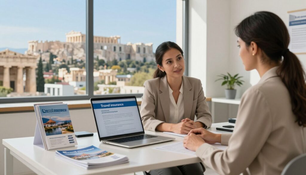 A serene travel insurance office, reflecting a sense of safety and security. In the foreground, a professional agent in smart business attire discusses options with a well-dressed couple, both appearing relaxed and engaged. The middle ground features a neatly organized desk with travel brochures and an open laptop showcasing travel insurance plans. Soft, natural lighting streams in from a large window in the background, illuminating a view of ancient Athens. The backdrop highlights iconic landmarks like the Acropolis under a clear blue sky, conveying a blend of history and modern comfort. The overall atmosphere is welcoming and reassuring, emphasizing preparation and peace of mind in travel.