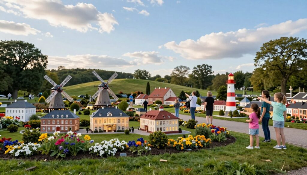 A serene view of Bałtycki Park Miniatur, showcasing an array of meticulously crafted miniature replicas of famous Baltic landmarks. In the foreground, a lush green lawn dotted with colorful flowers invites visitors to explore. The middle ground features intricately detailed miniatures of historical buildings, windmills, and lighthouses, each artistically lit to highlight their unique architectural features. In the background, gentle hills and a bright blue sky provide a tranquil setting, with soft clouds drifting by. The scene captures the joyful atmosphere of families and children interacting with the exhibits, dressed in casual attire, smiling and pointing at the miniatures. The image is bathed in warm, natural lighting, creating a cheerful and inviting mood. Shot with a wide-angle lens to encompass the park's beauty. A serene view of Bałtycki Park Miniatur, showcasing an array of meticulously crafted miniature replicas of famous Baltic landmarks. In the foreground, a lush green lawn dotted with colorful flowers invites visitors to explore. The middle ground features intricately detailed miniatures of historical buildings, windmills, and lighthouses, each artistically lit to highlight their unique architectural features. In the background, gentle hills and a bright blue sky provide a tranquil setting, with soft clouds drifting by. The scene captures the joyful atmosphere of families and children interacting with the exhibits, dressed in casual attire, smiling and pointing at the miniatures. The image is bathed in warm, natural lighting, creating a cheerful and inviting mood. Shot with a wide-angle lens to encompass the park's beauty.
