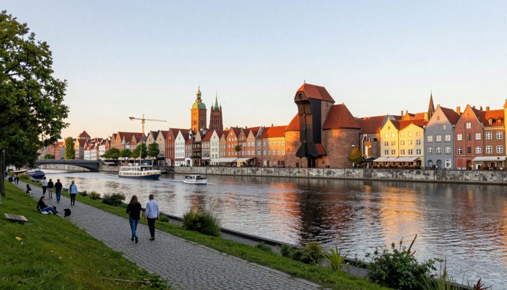 A serene view of Długie Pobrzeże along the Motława River in Gdańsk during a late afternoon, golden hour setting. In the foreground, a cobblestone path bordered by lush greenery, with people leisurely strolling, dressed in modest casual clothing, enjoying the scenery. The middle ground features charming historic buildings with colorful facades reflecting in the water, while small boats gently float along the river. The background showcases the iconic elements of Gdańsk, such as the elevated crane and church spires bathed in warm sunlight. Soft reflections ripple on the water, creating a tranquil atmosphere. The scene is captured from a slightly elevated angle, with a wide lens emphasizing the beauty of the riverside landscape. The overall mood is peaceful and inviting, perfect for showcasing the charm of Gdańsk. A serene view of Długie Pobrzeże along the Motława River in Gdańsk during a late afternoon, golden hour setting. In the foreground, a cobblestone path bordered by lush greenery, with people leisurely strolling, dressed in modest casual clothing, enjoying the scenery. The middle ground features charming historic buildings with colorful facades reflecting in the water, while small boats gently float along the river. The background showcases the iconic elements of Gdańsk, such as the elevated crane and church spires bathed in warm sunlight. Soft reflections ripple on the water, creating a tranquil atmosphere. The scene is captured from a slightly elevated angle, with a wide lens emphasizing the beauty of the riverside landscape. The overall mood is peaceful and inviting, perfect for showcasing the charm of Gdańsk.