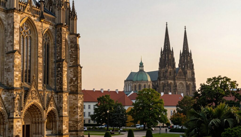 A serene view of Gniezno's historic temples, showcasing their intricate architecture and rich history. In the foreground, detailed stone carvings and lush greenery frame the entrance of a grand cathedral, with soft sunlight filtering through tall stained glass windows. The middle ground features clustered spires and domes of various religious buildings, highlighting distinct architectural styles, such as Romanesque and Gothic. In the background, a hazy skyline punctuated by ancient trees under a warm, golden hour sky evokes a sense of timelessness. The atmosphere is tranquil yet reverent, capturing the essence of these sacred spaces. Shot with a wide-angle lens to encompass the majesty of the structures, the image conveys a sense of history and spirituality. No people present, focusing solely on the temples.