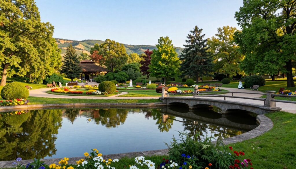 A serene view of Park Mużakowski, showcasing its beautifully landscaped gardens filled with colorful flowers and lush greenery. In the foreground, feature a tranquil pond reflecting the surrounding trees, with a stone bridge arching gracefully over it. The middle ground should include well-maintained walking paths lined with ornamental bushes and scattered benches for visitors to relax, adorned by charming sculptures. In the background, gentle hills rise under a clear blue sky, bathed in warm, soft afternoon light. Capture the scene with a wide-angle lens to emphasize the park's expansive beauty, creating an inviting and peaceful atmosphere perfect for a weekend getaway.