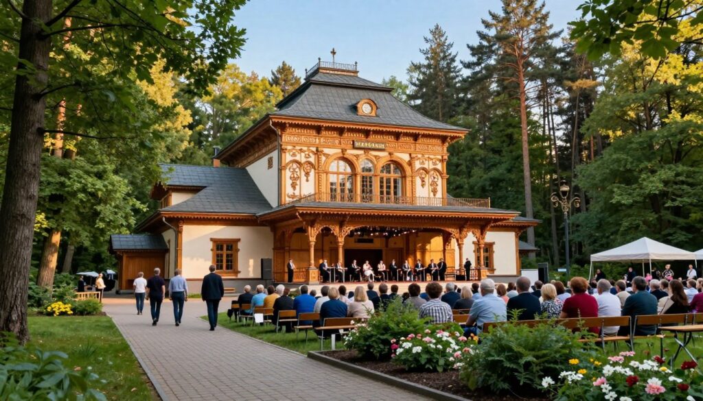 A serene view of the Opera Leśna in Sopot, nestled in a lush green forest, showcasing its distinctive wooden architecture. In the foreground, a well-maintained pathway lined with trees and flowering shrubs, inviting visitors to explore. In the middle ground, the ornate facade of the opera house with intricate wooden details, surrounded by a vibrant outdoor concert setting, where a diverse audience enjoys a performance—people dressed in professional business attire and casual clothing, immersed in the cultural experience. The background features towering pines under a clear blue sky, with soft golden sunlight filtering through the leaves, creating a warm and inviting atmosphere. Capture the lively yet tranquil mood, emphasizing the cultural significance of this unique venue.