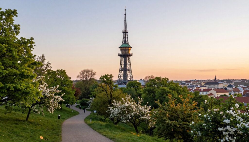 A serene view of the Petřín Lookout Tower in Prague, nestled atop a lush green hill surrounded by vibrant trees and blooming flowers. The foreground features a peaceful pathway, inviting visitors to stroll through this tranquil oasis. The middle ground highlights the iconic structure of the tower with its intricate iron lattice design, glistening in the warm glow of the late afternoon sun. In the background, the cityscape of Prague can be seen, softly blurred to emphasize the tower's majestic presence. The sky above is a gradient of soft pastels, creating a calm and soothing atmosphere. The scene captures a sense of peace and tranquility, ideal for a moment of reflection in nature.