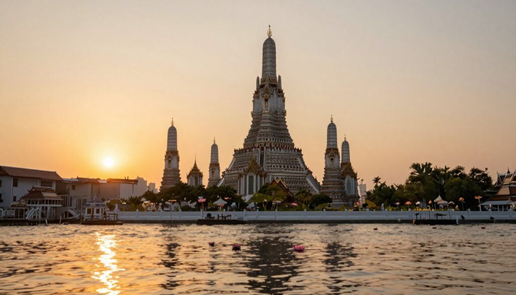 A spectacular view of Wat Arun, the Temple of Dawn, bathed in the warm hues of a sunrise. In the foreground, delicate lotus flowers float gently on the reflecting waters as the temple's intricate spires rise majestically behind them. The middle ground features the ornate details of Wat Arun's architecture, showcasing its exquisite porcelain mosaics that shimmer in the morning light. In the background, the silhouette of Bangkok's skyline emerges, softly illuminated by the golden rays of the sun. Capture the scene with a wide-angle lens to emphasize the grandeur of the temple, using soft, diffused lighting for a serene ambiance. The overall mood should evoke tranquility and spiritual awakening, reflecting the essence of the sunrise at this iconic location. A spectacular view of Wat Arun, the Temple of Dawn, bathed in the warm hues of a sunrise. In the foreground, delicate lotus flowers float gently on the reflecting waters as the temple's intricate spires rise majestically behind them. The middle ground features the ornate details of Wat Arun's architecture, showcasing its exquisite porcelain mosaics that shimmer in the morning light. In the background, the silhouette of Bangkok's skyline emerges, softly illuminated by the golden rays of the sun. Capture the scene with a wide-angle lens to emphasize the grandeur of the temple, using soft, diffused lighting for a serene ambiance. The overall mood should evoke tranquility and spiritual awakening, reflecting the essence of the sunrise at this iconic location.