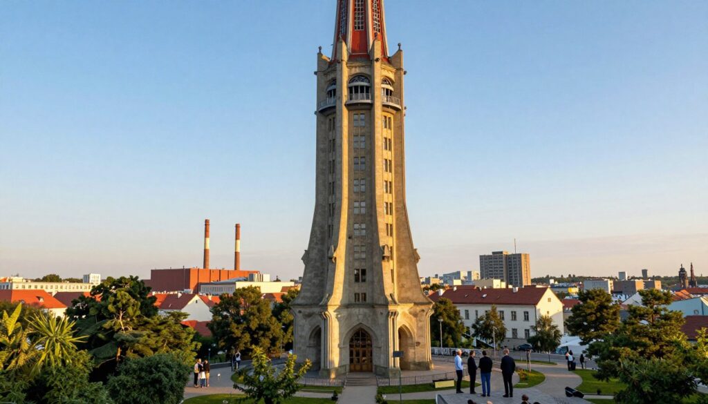 A striking view of the Bolt Tower in Ostrava, showcasing its unique design with architectural details and vibrant colors. In the foreground, include lush greenery and pathways leading to the base of the tower, inviting visitors. The midground features the tower itself, soaring towards the sky, with observation platforms visible and people in professional attire enjoying the view. In the background, a panoramic vista of the cityscape unfolds, with industrial buildings and smokestacks contrasting against the blue sky. The lighting should be warm and golden, typical of late afternoon, casting soft shadows that enhance the texture of the tower. Capture the atmosphere of exploration and curiosity, celebrating the blend of industrial and cultural elements in Ostrava. A striking view of the Bolt Tower in Ostrava, showcasing its unique design with architectural details and vibrant colors. In the foreground, include lush greenery and pathways leading to the base of the tower, inviting visitors. The midground features the tower itself, soaring towards the sky, with observation platforms visible and people in professional attire enjoying the view. In the background, a panoramic vista of the cityscape unfolds, with industrial buildings and smokestacks contrasting against the blue sky. The lighting should be warm and golden, typical of late afternoon, casting soft shadows that enhance the texture of the tower. Capture the atmosphere of exploration and curiosity, celebrating the blend of industrial and cultural elements in Ostrava.
