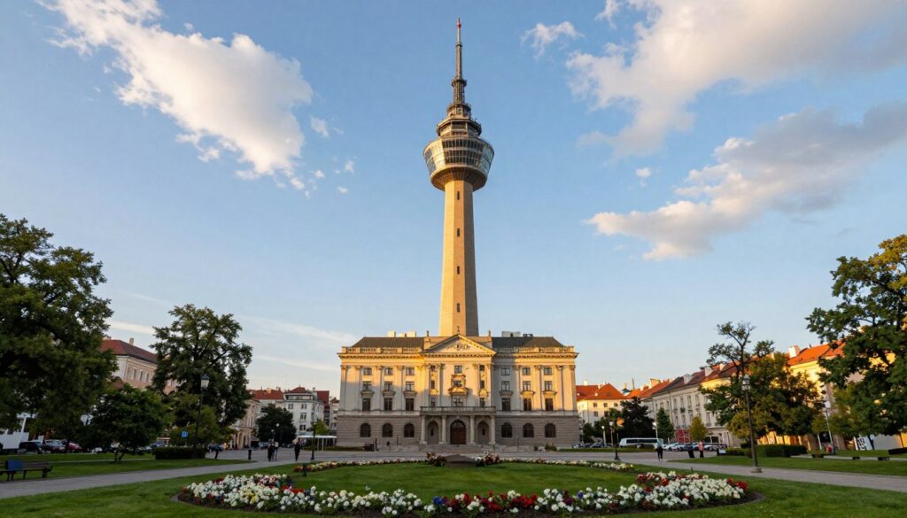 A striking view of the New Town Hall (Nowy Ratusz) in Ostrava, showcasing its iconic observation tower. In the foreground, a well-maintained park with blooming flowers and green lawns invites visitors, adding a sense of life. The middle ground highlights the towering structure of the New Town Hall, featuring its distinct architecture with elegant details and the impressive observation tower reaching into the sky. The background reveals a clear blue sky accentuated by soft white clouds, enhancing the tower's prominence. Golden hour lighting casts warm hues, creating a welcoming atmosphere. The scene is captured with a wide-angle lens, emphasizing depth, and providing a breathtaking perspective on this landmark, inviting viewers to explore its significance within Czech culture and industrial heritage.