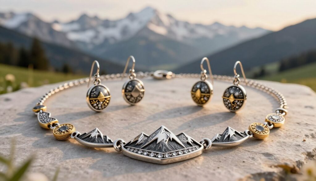 A stunning arrangement of elegant Alpine-inspired jewelry, showcasing handcrafted silver and gold pieces adorned with intricate designs. In the foreground, a close-up of a delicate necklace with mountain motifs and sparkling gemstones, catching the light. In the middle ground, beautifully crafted earrings with rustic elements, highlighting the art of local artisans. The background features a softly blurred Alpine landscape with snow-capped mountains and lush green valleys, suggesting a serene and picturesque environment. The lighting is warm and inviting, reminiscent of golden hour, with a slightly soft focus to evoke a sense of elegance and tradition. The overall mood is one of refined sophistication and cultural heritage, reflecting the beauty of Austrian craftsmanship.