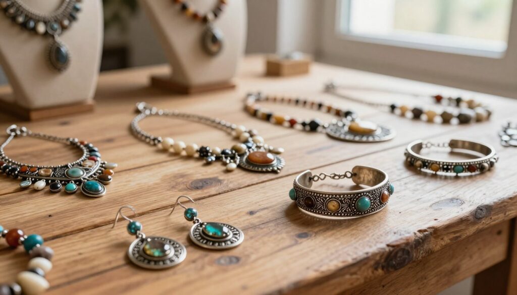 A stunning display of unique jewelry pieces inspired by Catalan culture, elegantly arranged on a rustic wooden table. In the foreground, close-up details show intricate silver earrings adorned with colorful gemstones, and a delicate handmade bracelet featuring traditional Catalan motifs. The middle ground reveals a collection of artistic necklaces made from natural materials, showcasing craftsmanship and creativity. In the background, soft diffused sunlight streams through a nearby window, casting gentle shadows and enhancing the warm, inviting atmosphere. The scene encapsulates a sense of artistic elegance, with a focus on the uniqueness of handcrafted items. The composition highlights the beauty of each piece, inviting the viewer to appreciate the artistry and cultural significance of the jewelry.