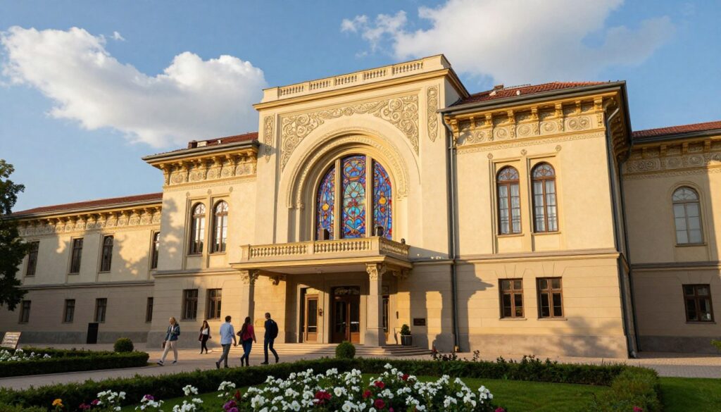 A stunning facade of Muzeum Mazowieckie, showcasing its elegant Art Nouveau architecture with intricate decorative patterns and vibrant stained glass windows. In the foreground, meticulously manicured gardens with blooming flowers invite viewers closer. In the middle, visitors dressed in modest casual clothing wander through the entrance, admiring the museum’s exquisite exterior. The background features a clear blue sky with soft, fluffy clouds, setting a serene atmosphere. The scene is illuminated by warm, golden sunlight, casting gentle shadows and highlighting the museum's ornate details. The angle is slightly tilted upward to capture the majestic height of the building, evoking a sense of wonder and appreciation for cultural heritage. The overall mood is tranquil, inviting exploration and appreciation of art and history. A stunning facade of Muzeum Mazowieckie, showcasing its elegant Art Nouveau architecture with intricate decorative patterns and vibrant stained glass windows. In the foreground, meticulously manicured gardens with blooming flowers invite viewers closer. In the middle, visitors dressed in modest casual clothing wander through the entrance, admiring the museum’s exquisite exterior. The background features a clear blue sky with soft, fluffy clouds, setting a serene atmosphere. The scene is illuminated by warm, golden sunlight, casting gentle shadows and highlighting the museum's ornate details. The angle is slightly tilted upward to capture the majestic height of the building, evoking a sense of wonder and appreciation for cultural heritage. The overall mood is tranquil, inviting exploration and appreciation of art and history.