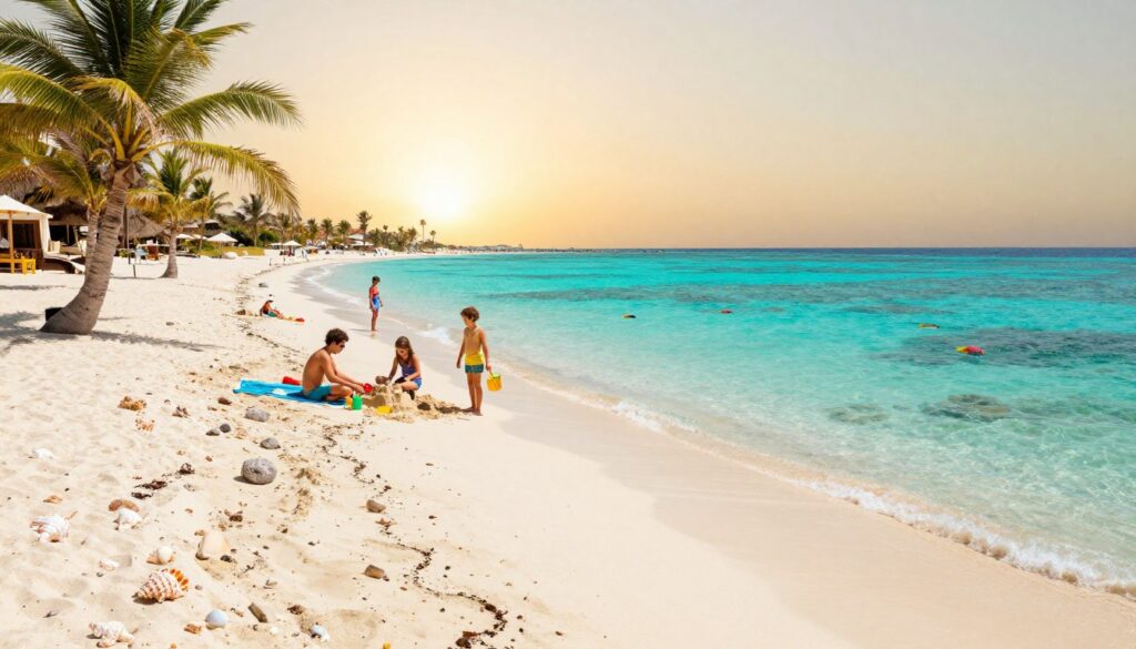 A stunning tropical beach scene in Hurghada, featuring soft white sand, clear turquoise waters gently lapping at the shore. In the foreground, seashells and small rocks are scattered along the beach, while a few palm trees sway gently in a light breeze. The middle ground showcases families enjoying their time together, dressed in modest casual clothing, playing with beach toys and building sandcastles. In the background, vibrant coral reefs can be seen just beneath the surface of the water, with a few colorful fish swimming nearby. The sun is setting on the horizon, casting warm golden light and soft shadows, creating a serene and inviting atmosphere. The angle captures a slight elevation, enhancing the picturesque landscape and the beauty of this beach paradise.