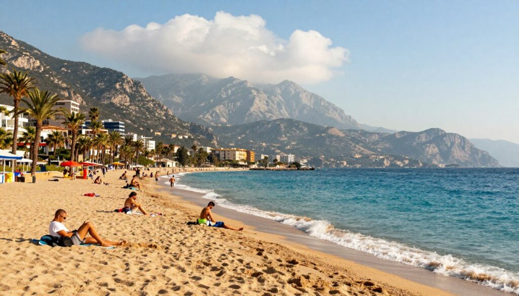 A stunning view of Cleopatra Beach in Alanya, capturing the golden sands and the turquoise waters of the Mediterranean Sea. In the foreground, gentle waves lap against the shore, with a few people relaxing on the beach in modest casual attire, enjoying the sun. The middle ground features sunbathers and families engaging in leisure activities, framed by lush palm trees swaying in a soft breeze. In the background, the majestic Taurus Mountains rise, partially shrouded in a light mist under a bright blue sky with fluffy white clouds. The scene is bathed in warm, golden sunlight, suggesting a serene and inviting atmosphere. The image is composed with a wide-angle lens to emphasize the expansive beach and the stunning natural landscape around it. A stunning view of Cleopatra Beach in Alanya, capturing the golden sands and the turquoise waters of the Mediterranean Sea. In the foreground, gentle waves lap against the shore, with a few people relaxing on the beach in modest casual attire, enjoying the sun. The middle ground features sunbathers and families engaging in leisure activities, framed by lush palm trees swaying in a soft breeze. In the background, the majestic Taurus Mountains rise, partially shrouded in a light mist under a bright blue sky with fluffy white clouds. The scene is bathed in warm, golden sunlight, suggesting a serene and inviting atmosphere. The image is composed with a wide-angle lens to emphasize the expansive beach and the stunning natural landscape around it.