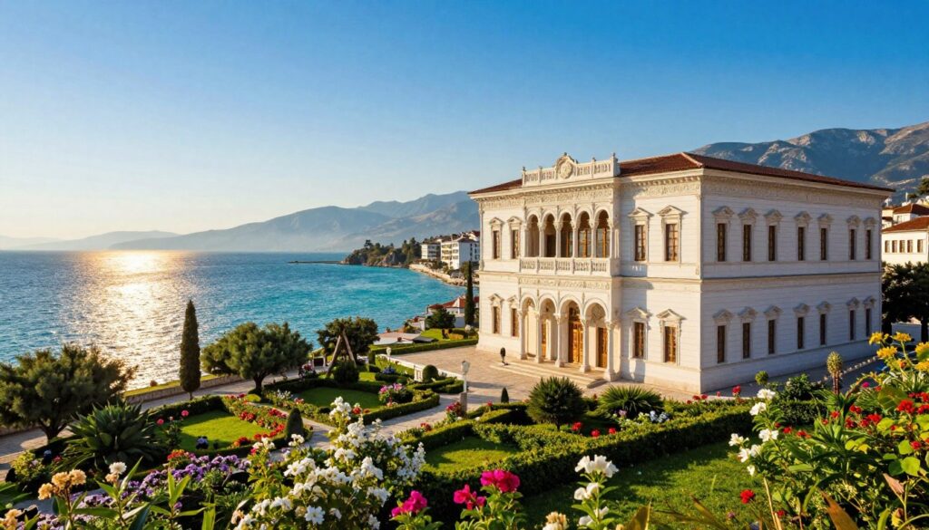 A stunning view of King Zog's Palace in Durrës, Albania, overlooking the turquoise Adriatic Sea. In the foreground, the majestic palace with its white facade and ornate architectural details stands against a vibrant blue sky. Lush gardens surround the palace, with colorful flowers in full bloom. In the middle ground, the warm sunlight glints off the waves of the Adriatic, enhancing the tranquil atmosphere. Coastal cliffs are visible, adding a dramatic backdrop to the serene scene. The perspective is slightly elevated, as if viewed from a nearby hill, with the ocean stretching out to the horizon. The mood is peaceful and picturesque, evoking the rich history and natural beauty of the region, captured in warm afternoon light.