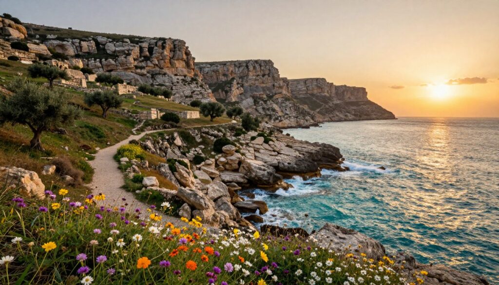 A stunning view of Pafos' natural attractions showcasing rugged cliffs along the coastline, with turquoise waters crashing against the rocks. In the foreground, vibrant wildflowers bloom, contributing a splash of color to the scene. The middle ground features a serene hiking trail winding through a lush landscape dotted with olive trees and ancient ruins hinting at the area’s rich history. The background captures the magnificent cliffs, set against a golden sunset that bathes the scene in warm, soft light, creating a tranquil and inviting atmosphere. A wide-angle perspective emphasizes the grandeur of this natural setting, with clear details that convey the beauty of Cyprus' outdoor wonders.