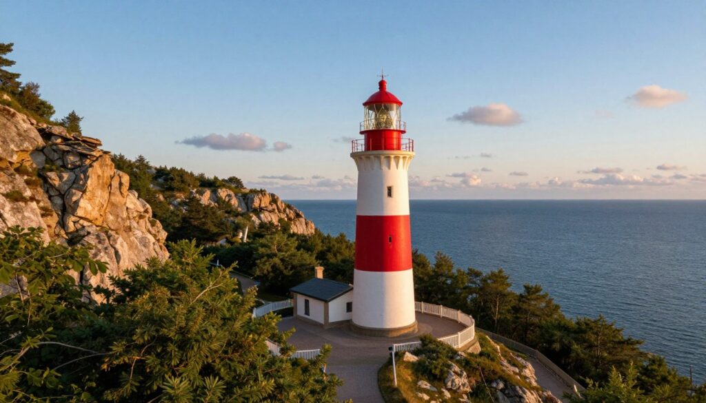 A stunning view of the Rozewie Lighthouse perched on a rugged cliff above the Baltic Sea. In the foreground, the lighthouse stands tall with its distinct white and red stripes, illuminated by the soft glow of a late afternoon sun. The middle ground features lush green foliage surrounding the lighthouse, with a narrow winding path leading up to it, inviting visitors to explore. In the background, the expansive blue sea merges with a clear sky, dotted with a few fluffy clouds reflecting the sunlight. The atmosphere is tranquil, evoking a sense of history and serenity. The lens captures this scene from a slightly elevated angle, emphasizing the lighthouse's prominence against the dramatic cliffs. Golden hour lighting creates warm tones, enhancing the beauty of this scenic coastal landmark.