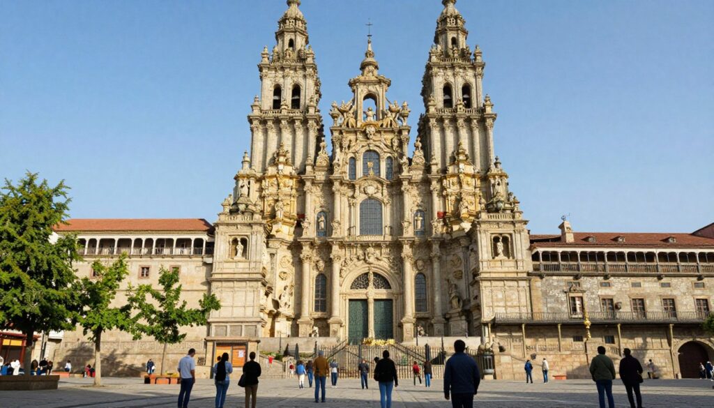 A stunning view of the Santiago de Compostela Cathedral, showcasing its intricate baroque façade adorned with statues and elaborate carvings. In the foreground, a serene plaza filled with pilgrims and tourists, some in modest casual clothing, gazing in awe at the majestic structure. The middle ground features lush green trees framing the cathedral, while a clear blue sky brightens the scene. Soft, warm sunlight casts gentle shadows, enhancing the architectural details. The background includes hints of the surrounding historic buildings and cobblestone streets, evoking a sense of rich cultural heritage. The overall mood is one of reverence and tranquility, capturing the essence of pilgrimage and the beauty of northern Spain.