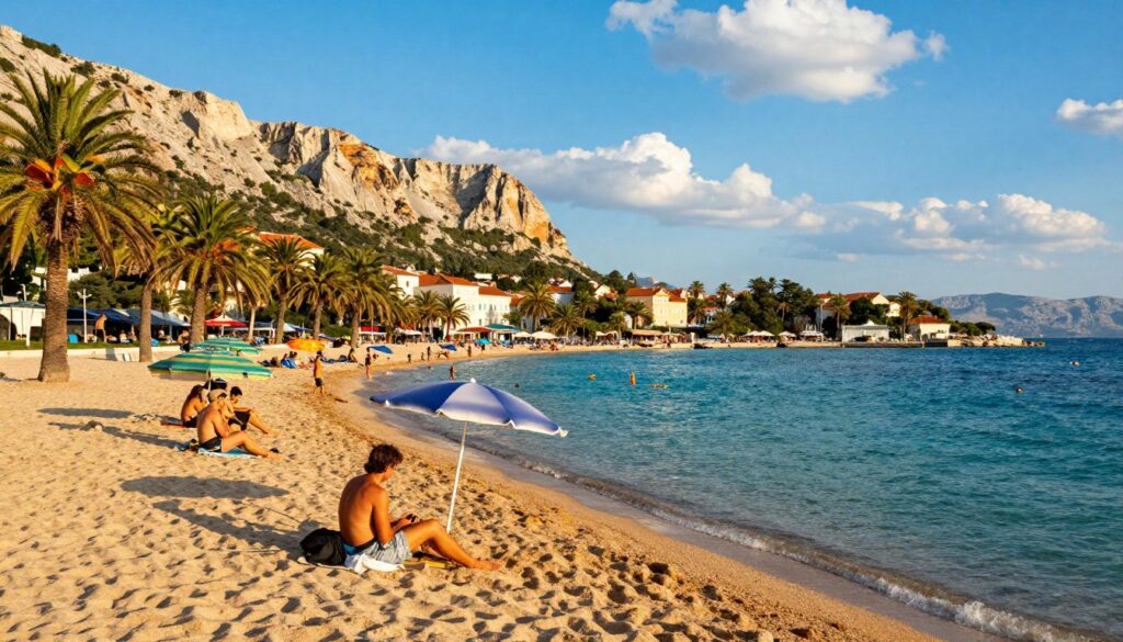 A stunning view of the most beautiful beaches in Split, Croatia, capturing golden sandy shores gently kissed by crystal-clear turquoise water. In the foreground, a group of people in modest casual clothing relaxes under colorful parasols, enjoying the sun and the vibrant beach atmosphere. The middle ground features lush green palm trees swaying in the gentle breeze, with a few families playing beach games. In the background, a breathtaking cliffside illuminated by the warm glow of the late afternoon sun rises dramatically, with a charming marina and coastal villas dotting the shoreline. The bright blue sky is dotted with fluffy white clouds, creating a serene, inviting vibe that embodies the essence of Dalmatian coastal life.