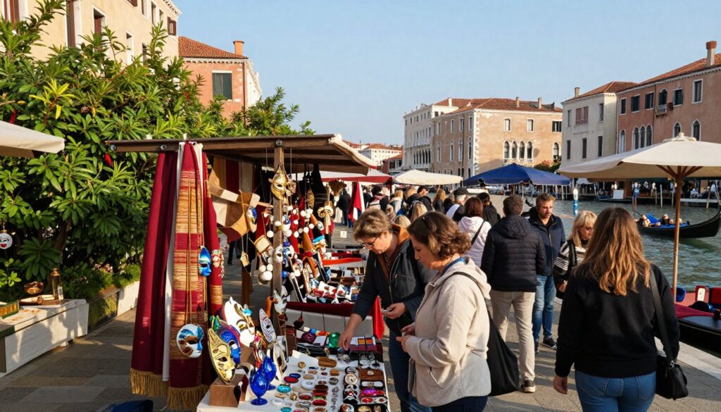 A vibrant Venetian marketplace bustling with shoppers. In the foreground, a diverse group of people in modest casual clothing examines handcrafted souvenirs, such as Murano glass trinkets, leather goods, and colorful masks. The middle of the scene features traditional market stalls adorned with rich fabrics and artisanal products, surrounded by lush greenery. In the background, iconic Venetian architecture rises, with gondolas gliding through the serene canals under a clear blue sky. Soft, warm lighting illuminates the scene, creating a welcoming and lively atmosphere. Capture the angles from slightly above, showcasing the intricate details of the market while evoking a sense of exploration and discovery. A vibrant Venetian marketplace bustling with shoppers. In the foreground, a diverse group of people in modest casual clothing examines handcrafted souvenirs, such as Murano glass trinkets, leather goods, and colorful masks. The middle of the scene features traditional market stalls adorned with rich fabrics and artisanal products, surrounded by lush greenery. In the background, iconic Venetian architecture rises, with gondolas gliding through the serene canals under a clear blue sky. Soft, warm lighting illuminates the scene, creating a welcoming and lively atmosphere. Capture the angles from slightly above, showcasing the intricate details of the market while evoking a sense of exploration and discovery.