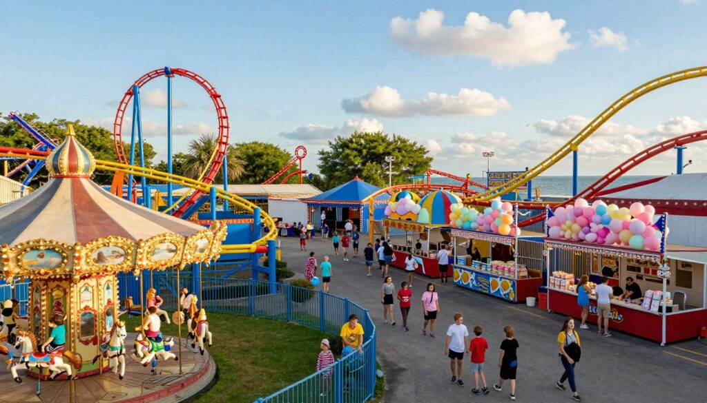 A vibrant amusement park scene located near a coastal resort, filled with families enjoying the various attractions. In the foreground, colorful roller coasters twist and turn, while cheerful children play at a carousel adorned with whimsical horses. In the middle ground, numerous game booths and food stalls offer cotton candy and snacks, bustling with excited visitors in casual summer attire. The background features lush greenery and a bright blue sky dotted with a few fluffy clouds, creating a lively atmosphere. The lighting is warm and inviting, reminiscent of a sunny day. Use a wide-angle lens for depth, capturing the dynamic energy of the park while maintaining a clear focus on the joyful interactions among guests. A vibrant amusement park scene located near a coastal resort, filled with families enjoying the various attractions. In the foreground, colorful roller coasters twist and turn, while cheerful children play at a carousel adorned with whimsical horses. In the middle ground, numerous game booths and food stalls offer cotton candy and snacks, bustling with excited visitors in casual summer attire. The background features lush greenery and a bright blue sky dotted with a few fluffy clouds, creating a lively atmosphere. The lighting is warm and inviting, reminiscent of a sunny day. Use a wide-angle lens for depth, capturing the dynamic energy of the park while maintaining a clear focus on the joyful interactions among guests.