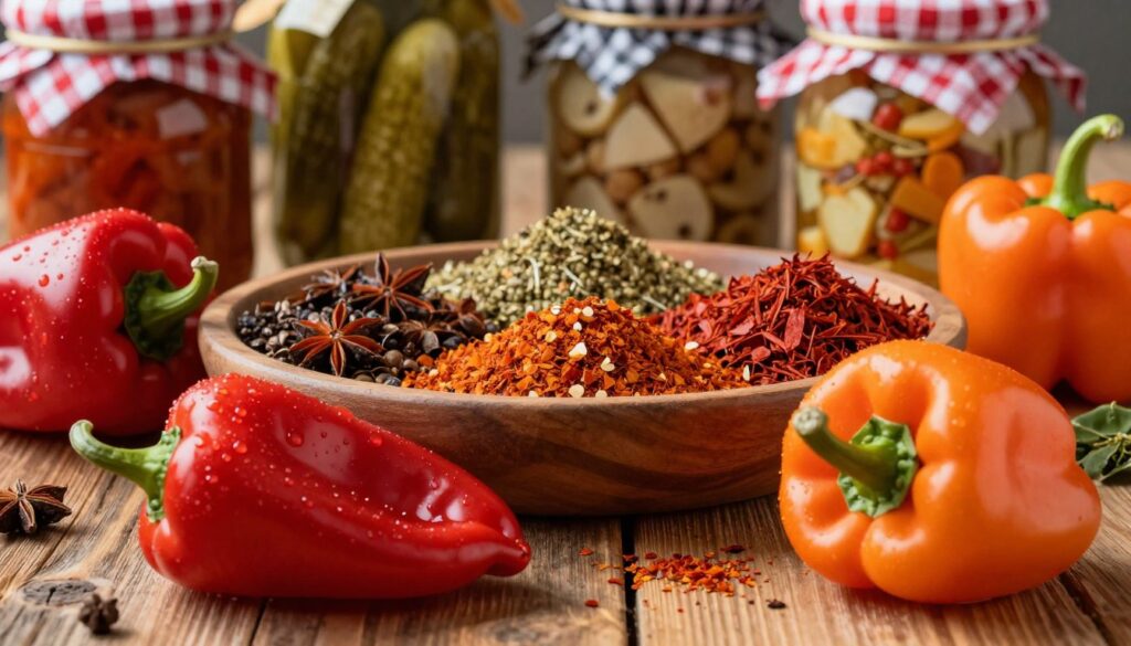A vibrant and enticing still life featuring a variety of Hungarian paprika, showcasing its rich colors from deep reds to bright oranges. In the foreground, include whole paprika pods with glistening drops of water, highlighting their freshness and texture. The middle layer should display an assortment of spices often used in Hungarian cuisine, such as dried paprika flakes and seasoning blends, elegantly arranged on a rustic wooden table. In the background, softly blurred jars of pickled vegetables and traditional Hungarian dishes can be seen, evoking a warm, homey ambiance. The scene should be bathed in warm, natural lighting, with soft shadows that enhance the textures of the ingredients, creating an inviting and mouth-watering atmosphere. A vibrant and enticing still life featuring a variety of Hungarian paprika, showcasing its rich colors from deep reds to bright oranges. In the foreground, include whole paprika pods with glistening drops of water, highlighting their freshness and texture. The middle layer should display an assortment of spices often used in Hungarian cuisine, such as dried paprika flakes and seasoning blends, elegantly arranged on a rustic wooden table. In the background, softly blurred jars of pickled vegetables and traditional Hungarian dishes can be seen, evoking a warm, homey ambiance. The scene should be bathed in warm, natural lighting, with soft shadows that enhance the textures of the ingredients, creating an inviting and mouth-watering atmosphere.