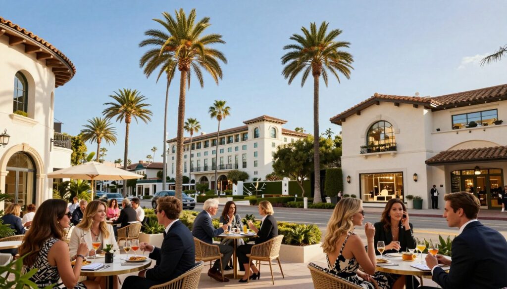 A vibrant and luxurious scene in Beverly Hills, showcasing iconic palm tree-lined streets and lavish mansions with Mediterranean-inspired architecture. In the foreground, elegant guests in professional business attire and stylish casual wear enjoy a sunny afternoon at an upscale outdoor café, sipping beverages. The middle ground features chic boutiques and high-end shops with elegant window displays. In the background, the famous Beverly Hills Hotel stands majestically, surrounded by lush gardens under a clear blue sky. Soft, warm sunlight bathes the scene, enhancing the glamorous atmosphere of California’s lifestyle. Captured with a wide-angle lens to emphasize the expansive landscape, this image evokes a sense of luxury, sophistication, and the allure of Hollywood.