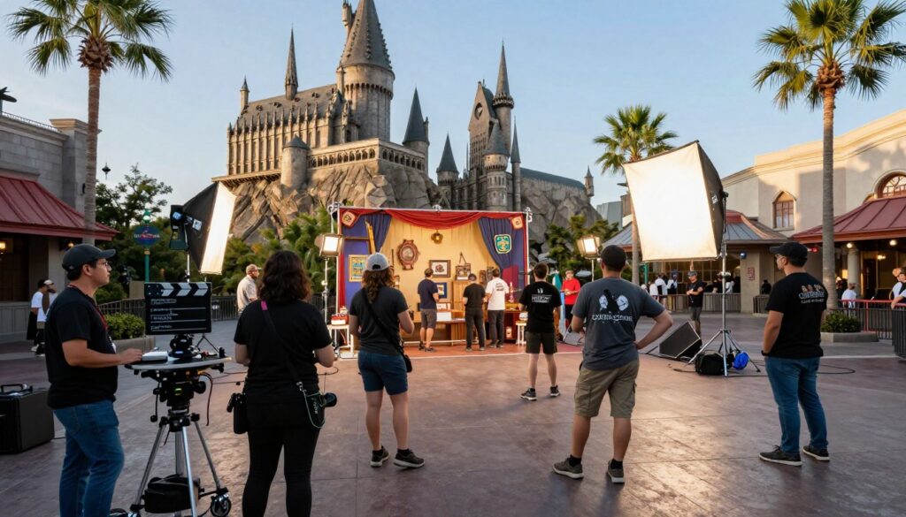 A vibrant behind-the-scenes view of Universal Studios, showcasing a bustling film set in the foreground. Capture crew members in professional attire setting up equipment, adjusting lights, and discussing scenes. In the middle, a large movie backdrop with Hollywood-style props, emphasizing the cinematic theme. The background features iconic Universal Studios architecture under a clear blue sky, reflecting the excitement of filmmaking. Soft, natural lighting illuminates the scene, creating a warm and inviting atmosphere. The image should evoke a sense of creativity, collaboration, and the magic of cinema, highlighting the glamour and hard work of production studios in Los Angeles. Use a wide-angle lens to encompass the lively activity and detail throughout the setting.