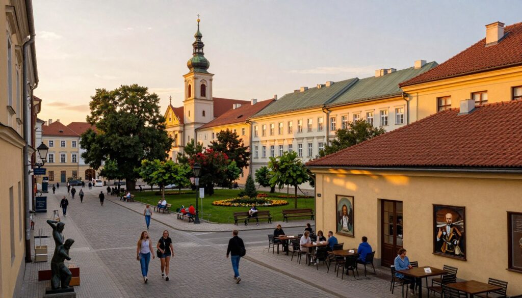 A vibrant cityscape of Częstochowa capturing the essence of its historical treasures beyond the famous Jasna Góra. In the foreground, a charming street lined with local galleries and cafes, showcasing sculptures and murals inspired by famous historical figures. In the middle ground, a small park with benches where visitors can relax, surrounded by trees and flowerbeds. The background features a blend of traditional and contemporary architecture, illuminated by warm, golden evening light casting long shadows. A hint of sunset colors in the sky enhances the tranquil mood. The scene is bustling with pedestrians dressed in modest casual clothing, appreciating the cultural footprints left by renowned individuals, evoking a sense of community and heritage.