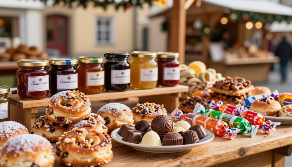 A vibrant display of Czech sweets and snacks arranged on a rustic wooden table, featuring colorful, traditional Czech pastries like trdelník topped with sugar and nuts, and brightly wrapped candies such as karamelský bonbón. In the foreground, a delicate plate holds a variety of locally made chocolates, interspersed with artistic pralines. The middle layer showcases jars filled with popular Czech jams and marmalades, with labels written in elegant cursive. The background captures a soft-focus view of a quaint Czech market stall adorned with festive decorations, bathed in warm golden hour lighting that gives a cozy and inviting atmosphere. Use a shallow depth of field to emphasize the foreground details while softly blurring the background elements.