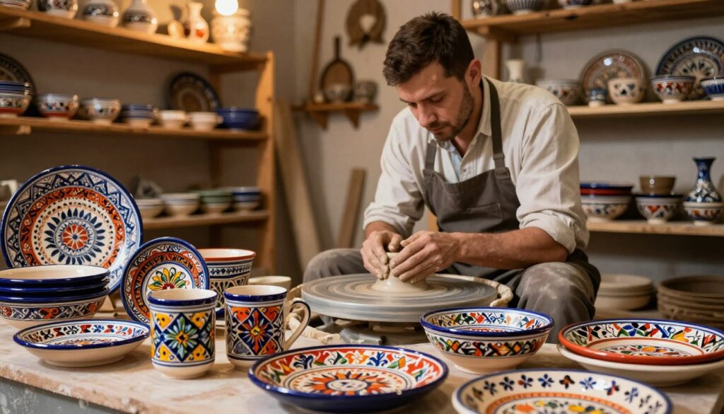 A vibrant display of Romanian handmade ceramics, showcasing an array of intricately painted pottery. In the foreground, focus on beautifully crafted items like mugs, bowls, and decorative plates, featuring traditional motifs and bold colors. The middle ground includes a skilled artisan carefully molding clay on a potter's wheel, dressed in modest work attire, their expression reflecting dedication and passion. In the background, a rustic workshop filled with wooden shelves adorned with various ceramic pieces, hinting at the rich tradition of craftsmanship. Soft, warm lighting emanates from overhead, creating an inviting atmosphere, while a shallow depth of field emphasizes the foreground pottery, adding intimacy to the scene. A vibrant display of Romanian handmade ceramics, showcasing an array of intricately painted pottery. In the foreground, focus on beautifully crafted items like mugs, bowls, and decorative plates, featuring traditional motifs and bold colors. The middle ground includes a skilled artisan carefully molding clay on a potter's wheel, dressed in modest work attire, their expression reflecting dedication and passion. In the background, a rustic workshop filled with wooden shelves adorned with various ceramic pieces, hinting at the rich tradition of craftsmanship. Soft, warm lighting emanates from overhead, creating an inviting atmosphere, while a shallow depth of field emphasizes the foreground pottery, adding intimacy to the scene.