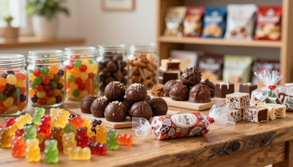 A vibrant display of assorted German sweets and snacks, including colorful gummy bears, delicate chocolate pralines, and traditional marzipan treats, carefully arranged on a rustic wooden table. In the foreground, emphasize a beautifully wrapped package of popular local candies, showcasing their intricate designs. The middle ground features jars of colorful jelly beans and artisan chocolates, with soft, natural lighting creating an inviting atmosphere. In the background, slightly blurred, there are shelves filled with packaged food items from various regions of Germany, adding depth to the scene. The overall mood is cheerful and enticing, evoking a sense of indulgence and the joy of discovering unique culinary delights. Use a shallow depth of field to keep the focus on the sweets while creating a warm, inviting environment.