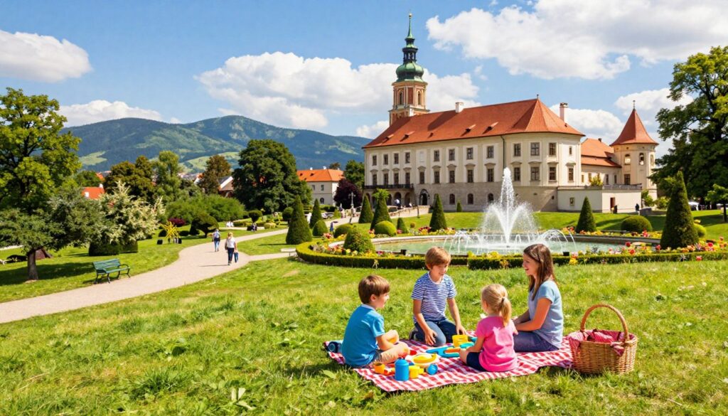 A vibrant family day out in Krakow's scenic surroundings, featuring a mix of historical attractions and natural beauty. In the foreground, a cheerful family with children, dressed in casual clothing, enjoys a picnic on a grassy hill. They are surrounded by colorful picnic gear and an inviting basket. In the middle ground, a historic castle with lush gardens and playful fountains captures attention, while a gentle path lined with trees leads to the castle from the picnic site. The background features a picturesque view of the Carpathian mountains under a bright blue sky scattered with fluffy white clouds. The scene is filled with warm sunlight, creating an inviting and joyful atmosphere, perfect for a family adventure.